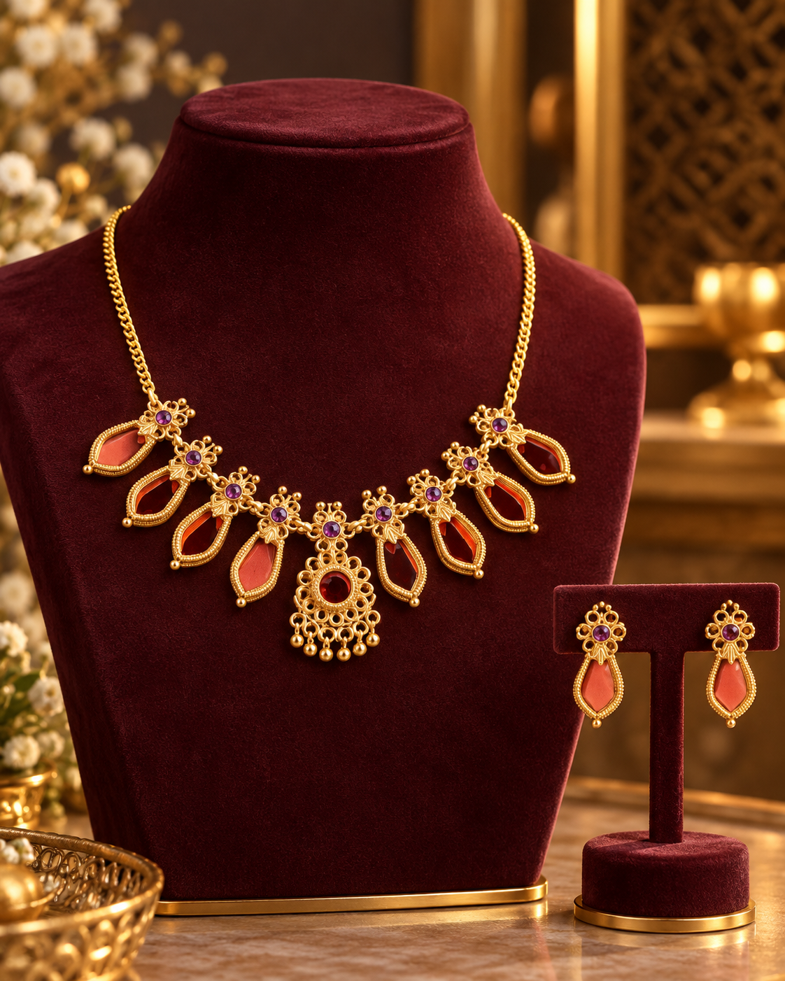 Jivaanik Red Drop Traditional Necklace Set