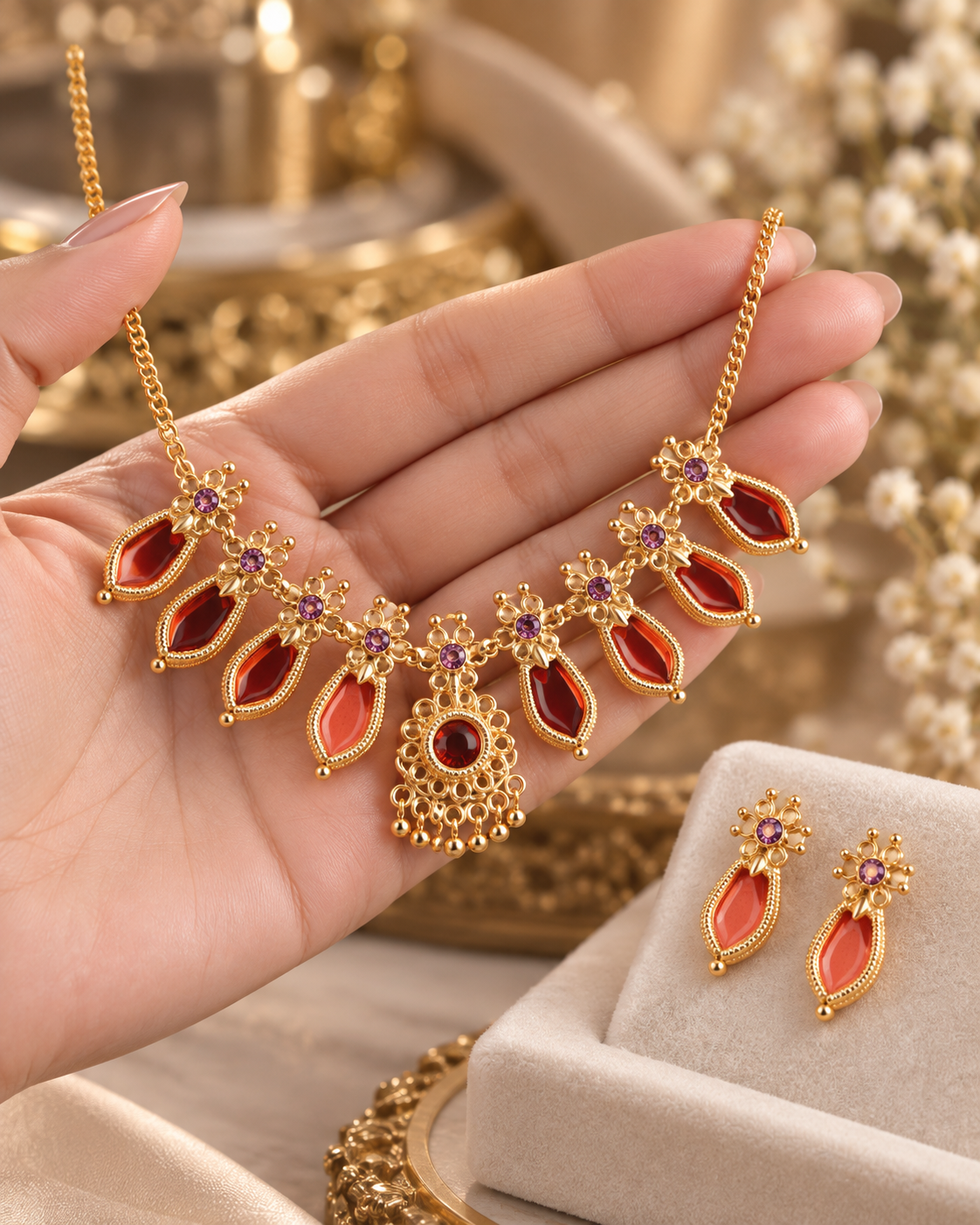 Jivaanik Red Drop Traditional Necklace Set