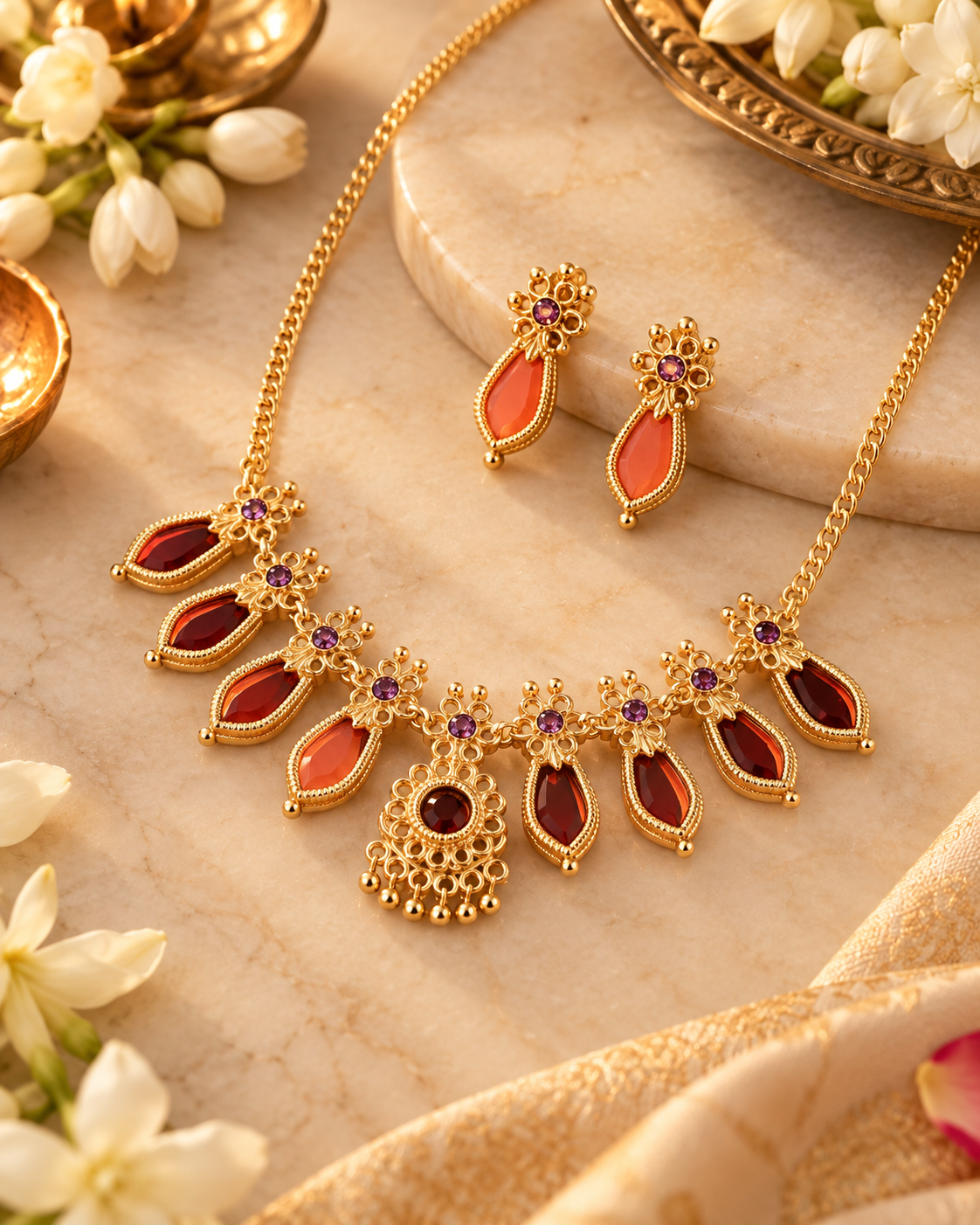 Jivaanik Red Drop Traditional Necklace Set