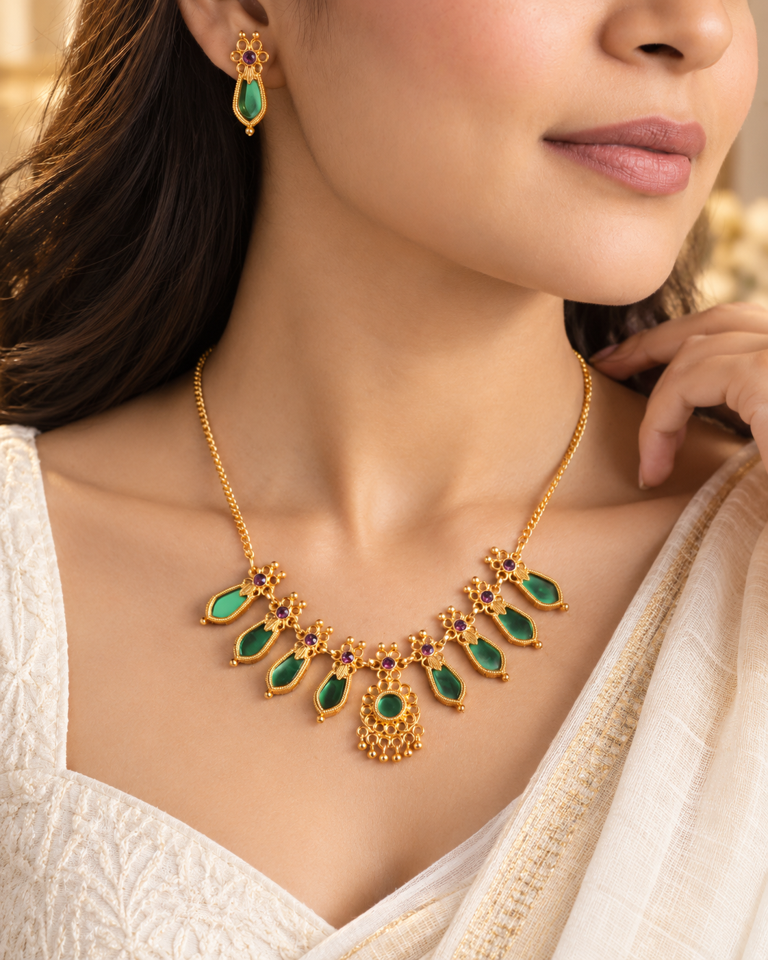 Jivaanik Emerald Drop Traditional Necklace Set