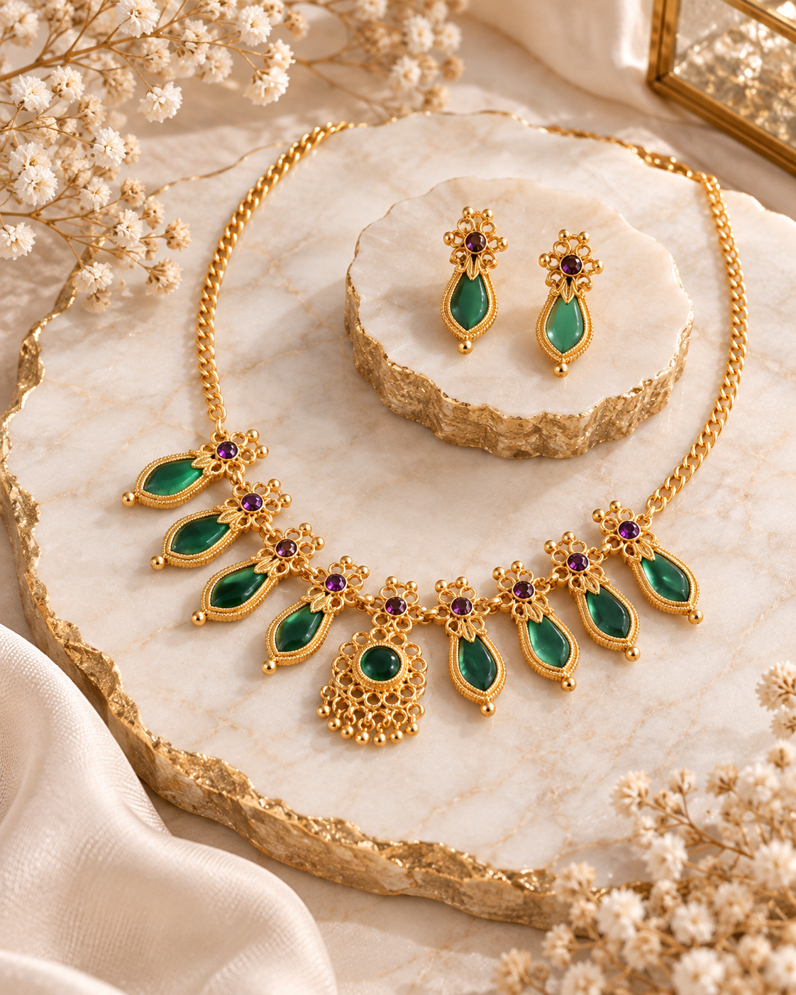 Jivaanik Emerald Drop Traditional Necklace Set