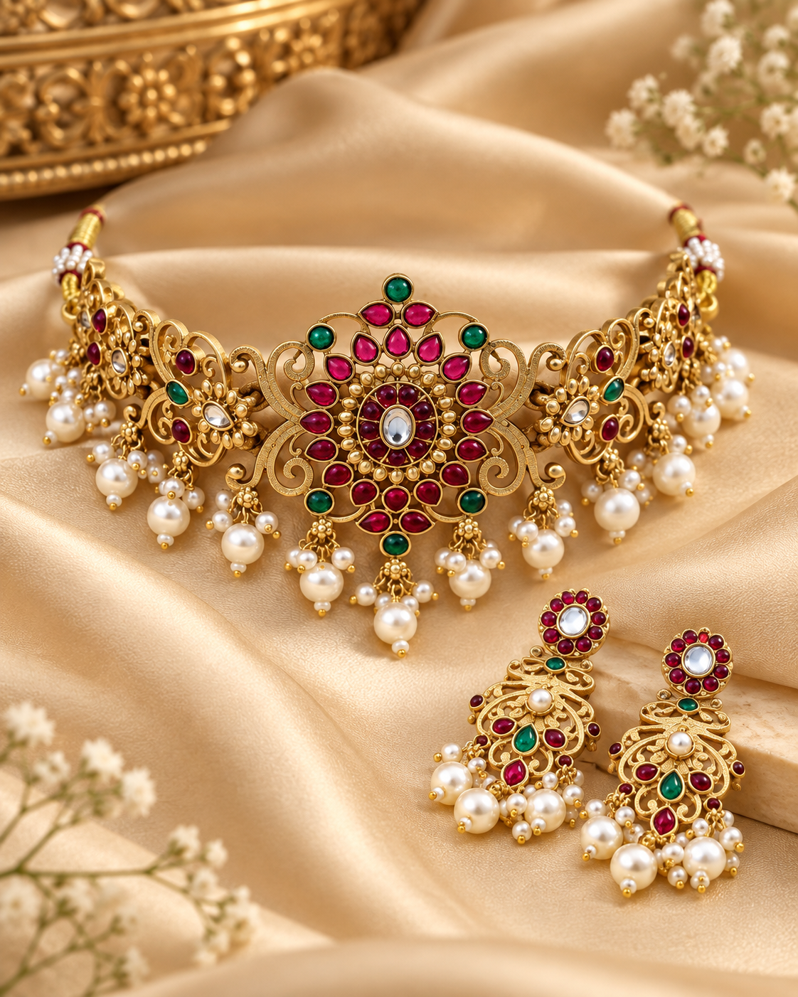 Jivaanik Royal Ruby Emerald Choker Set