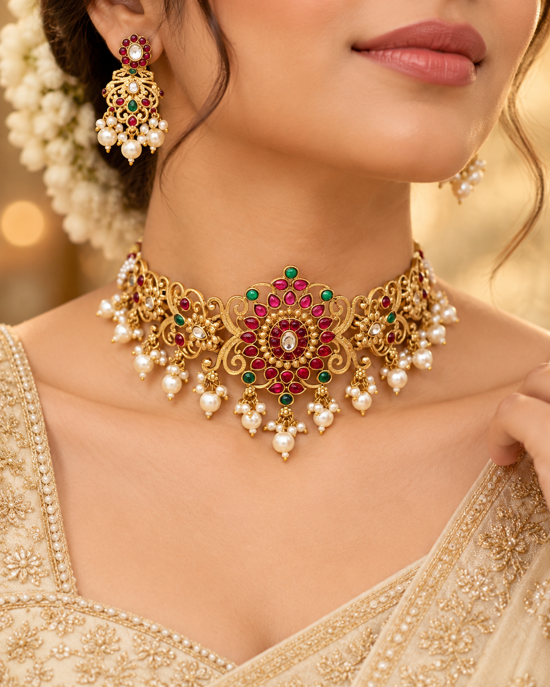 Jivaanik Royal Ruby Emerald Choker Set