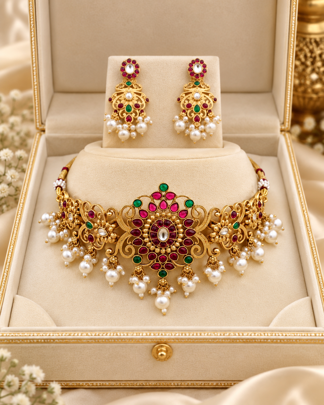 Jivaanik Royal Ruby Emerald Choker Set