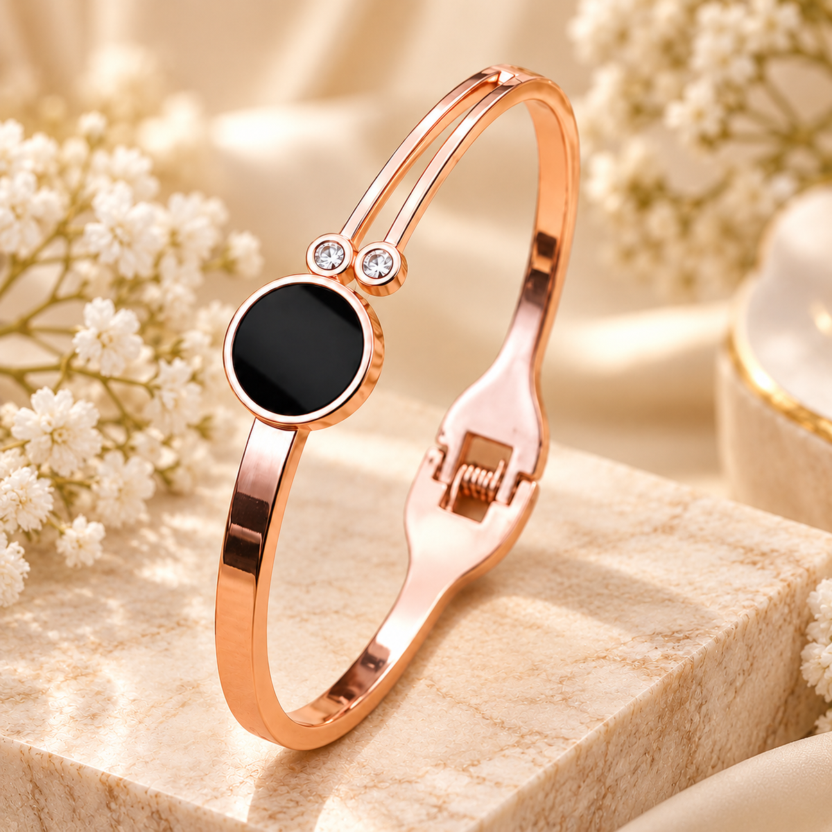 Jivaanik Rose Gold Black Stone Cuff Bracelet