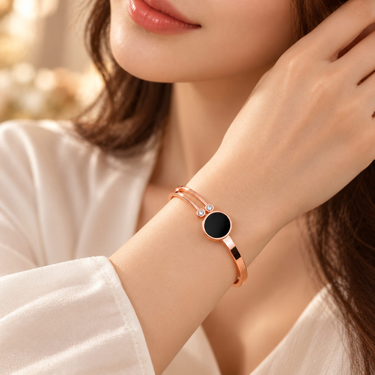 Jivaanik Rose Gold Black Stone Cuff Bracelet