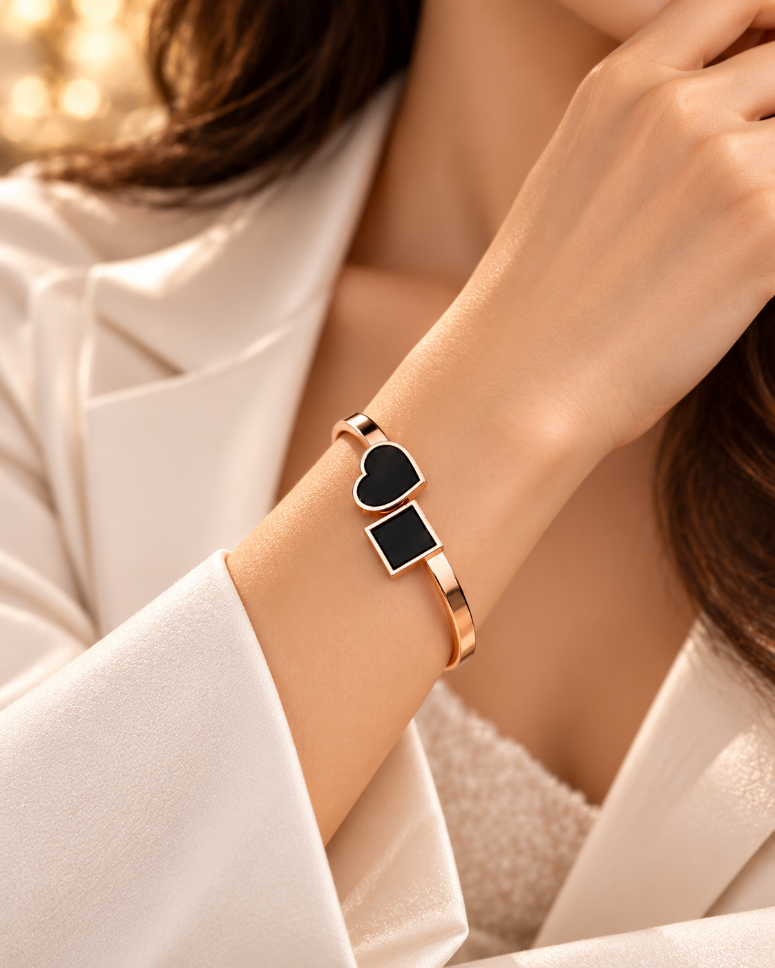 Jivaanik Rose Gold Heart & Square Cuff Bracelet