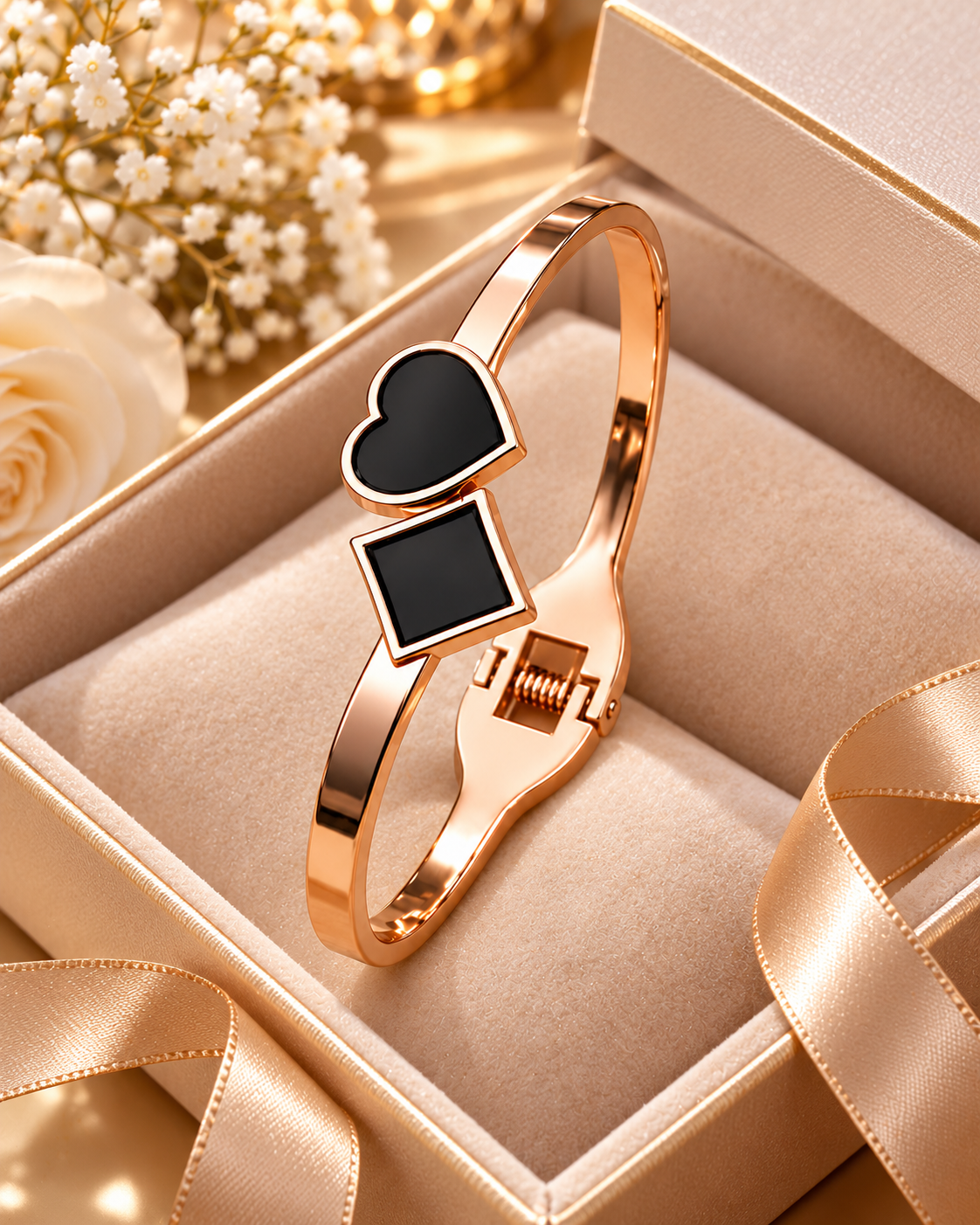 Jivaanik Rose Gold Heart & Square Cuff Bracelet