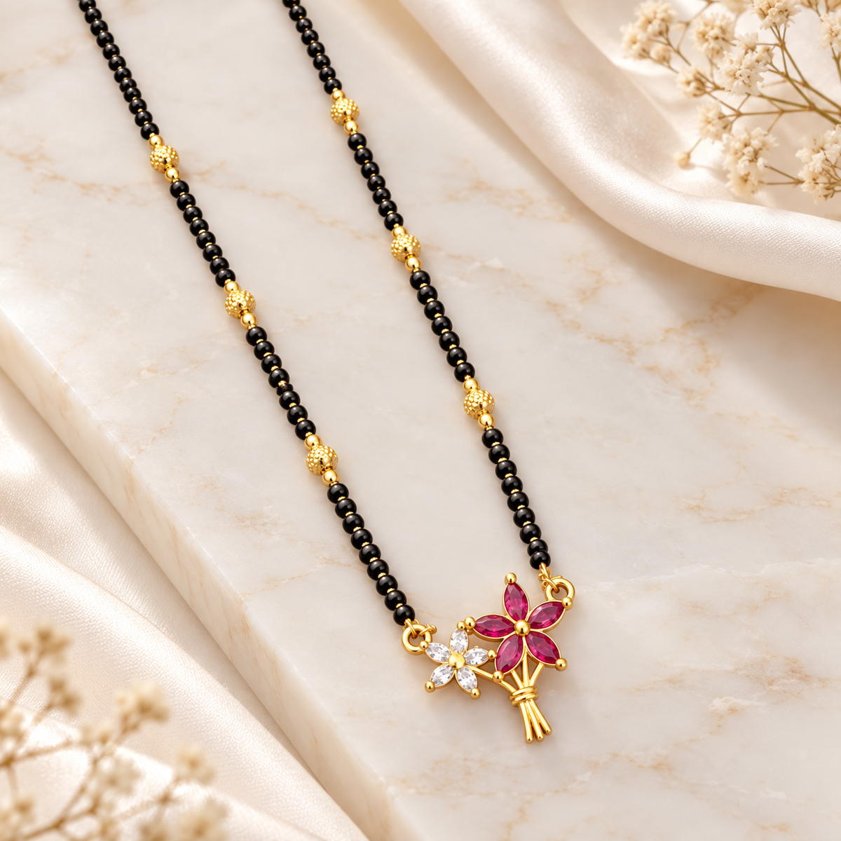 Jivaanik Floral Black Beads Mangalsutra