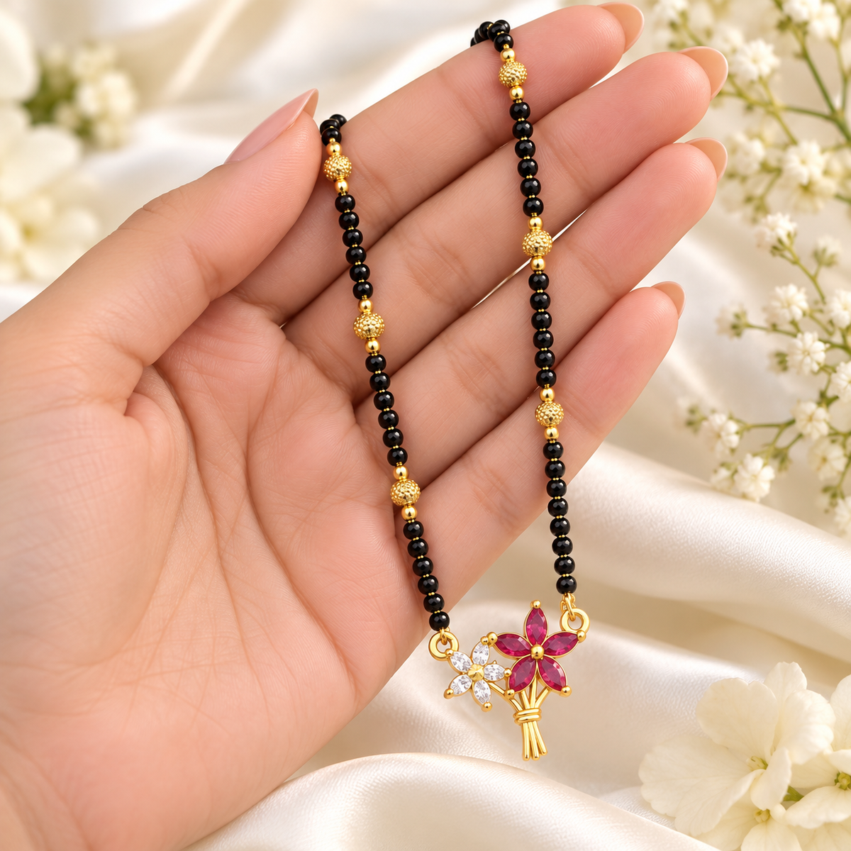 Jivaanik Floral Black Beads Mangalsutra