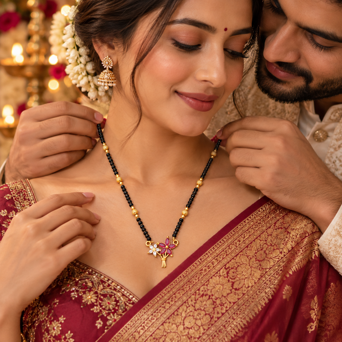 Jivaanik Floral Black Beads Mangalsutra