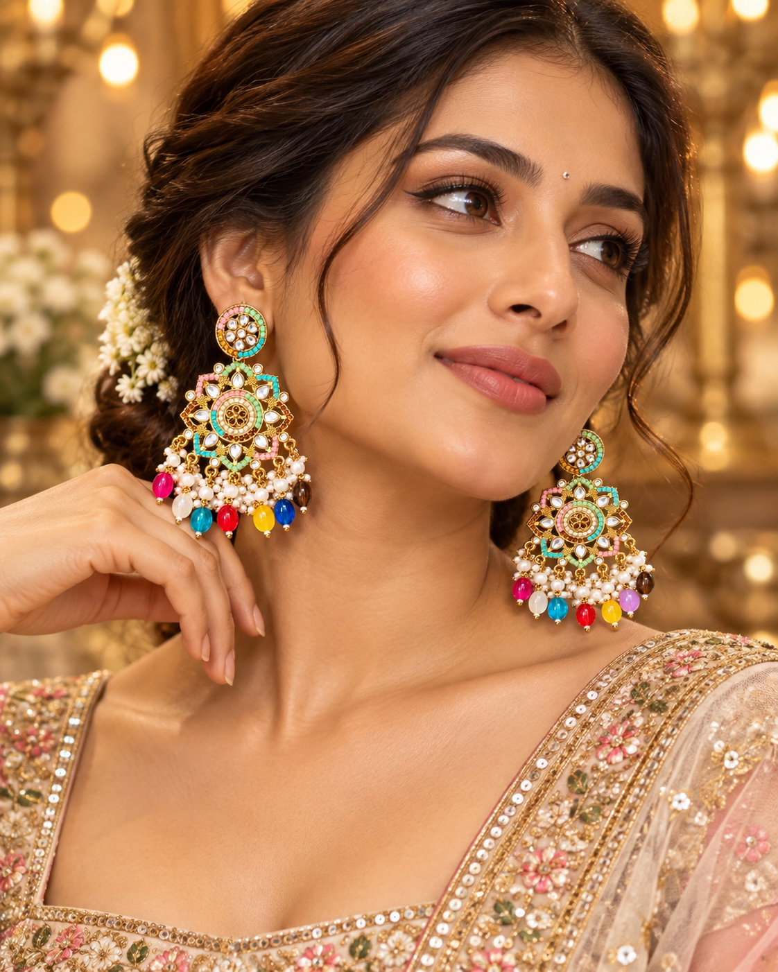 Multicolor Kundan Pearl Drop Statement Earrings for Women