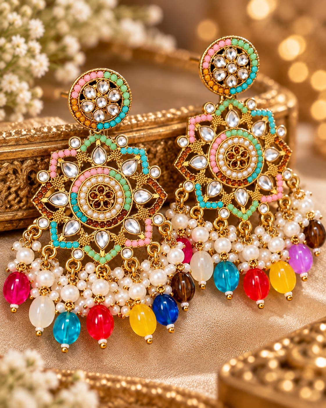 Multicolor Kundan Pearl Drop Statement Earrings for Women