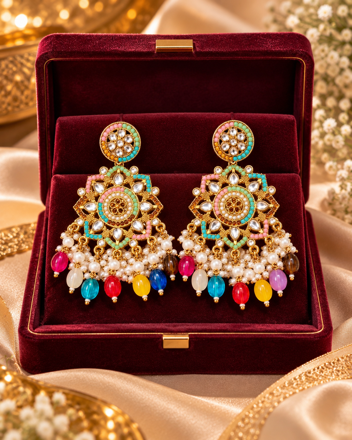 Multicolor Kundan Pearl Drop Statement Earrings for Women