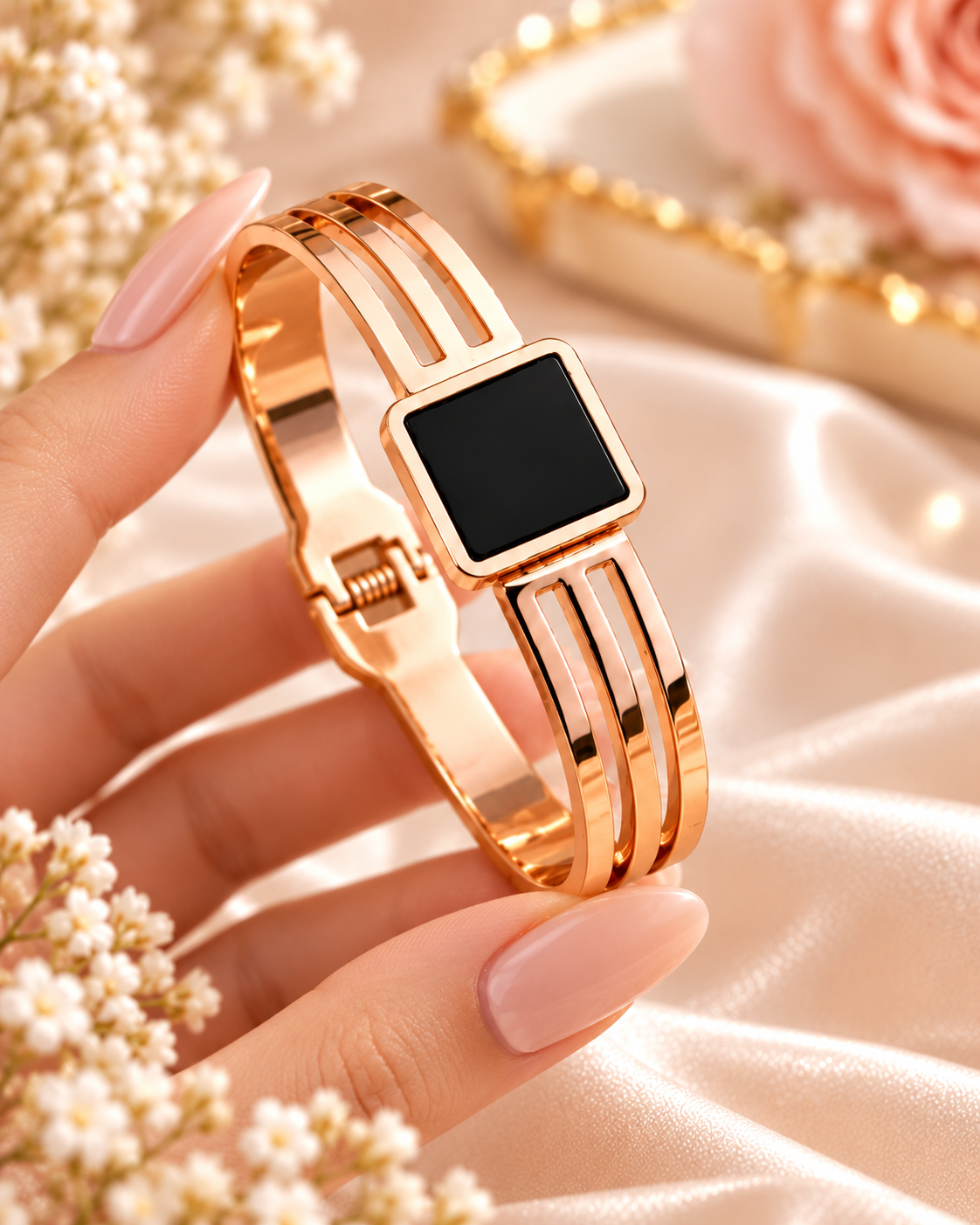 Jivaanik Premium Black Square Rose Gold Bracelet for Women