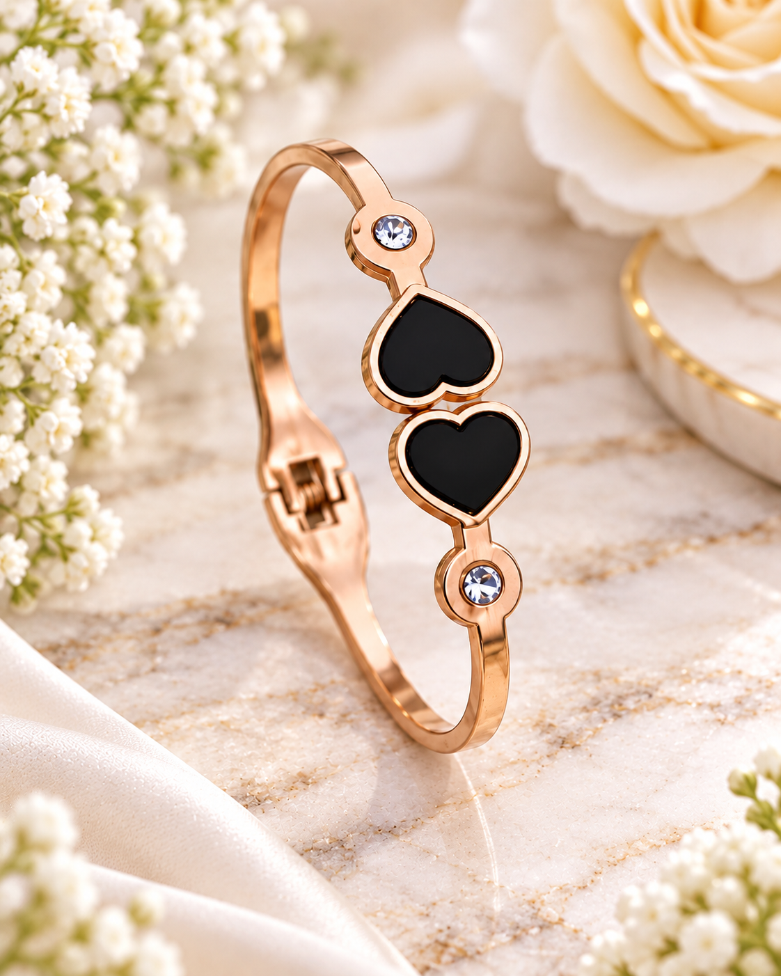 Jivaanik Premium Double Black Heart Rose Gold Bracelet for Women