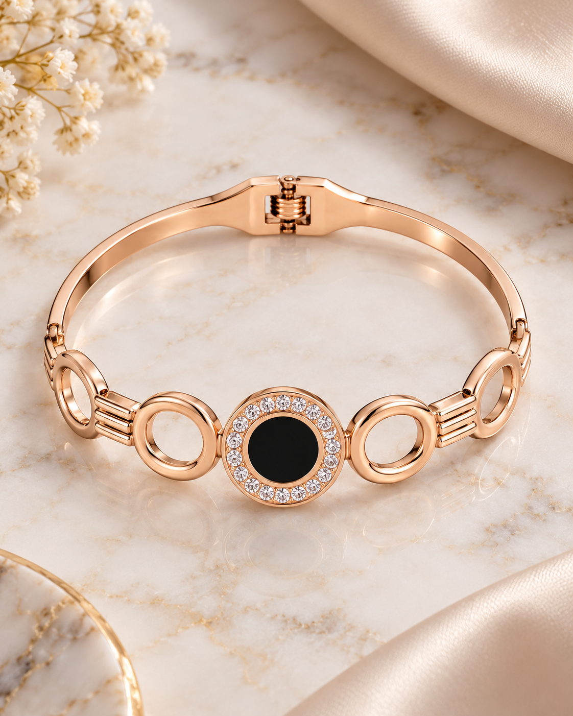 Jivaanik Premium Black Circle Crystal Rose Gold Bracelet for Women