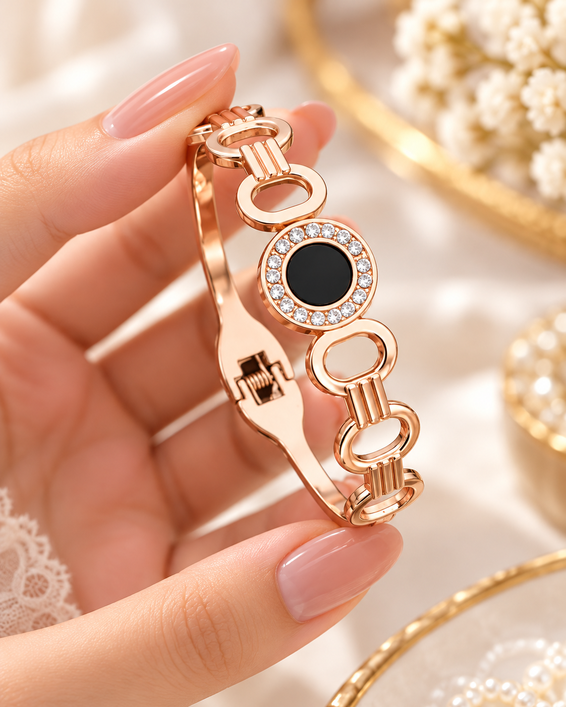 Jivaanik Premium Black Circle Crystal Rose Gold Bracelet for Women