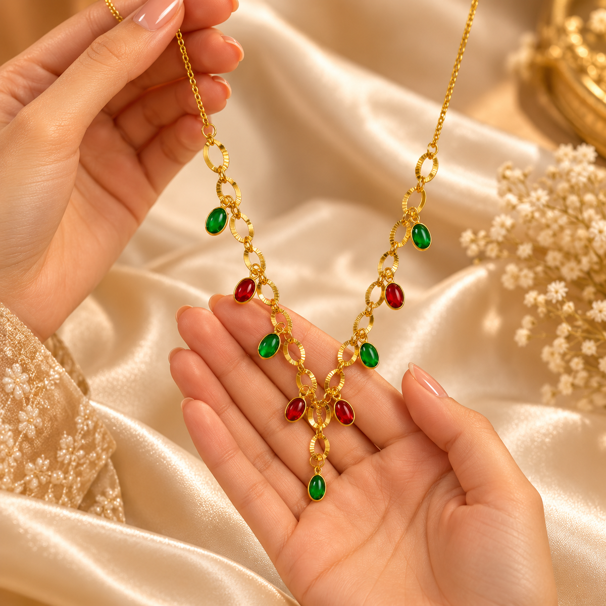 Jivaanik Ruby Emerald Charm Necklace