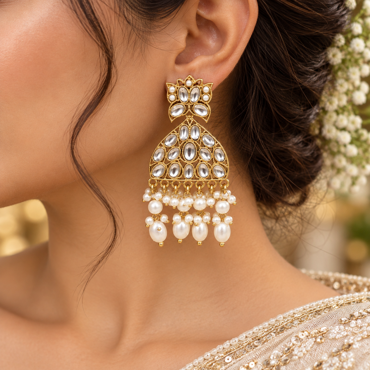 Jivaanik Noor Kundan Pearl Statement Earrings