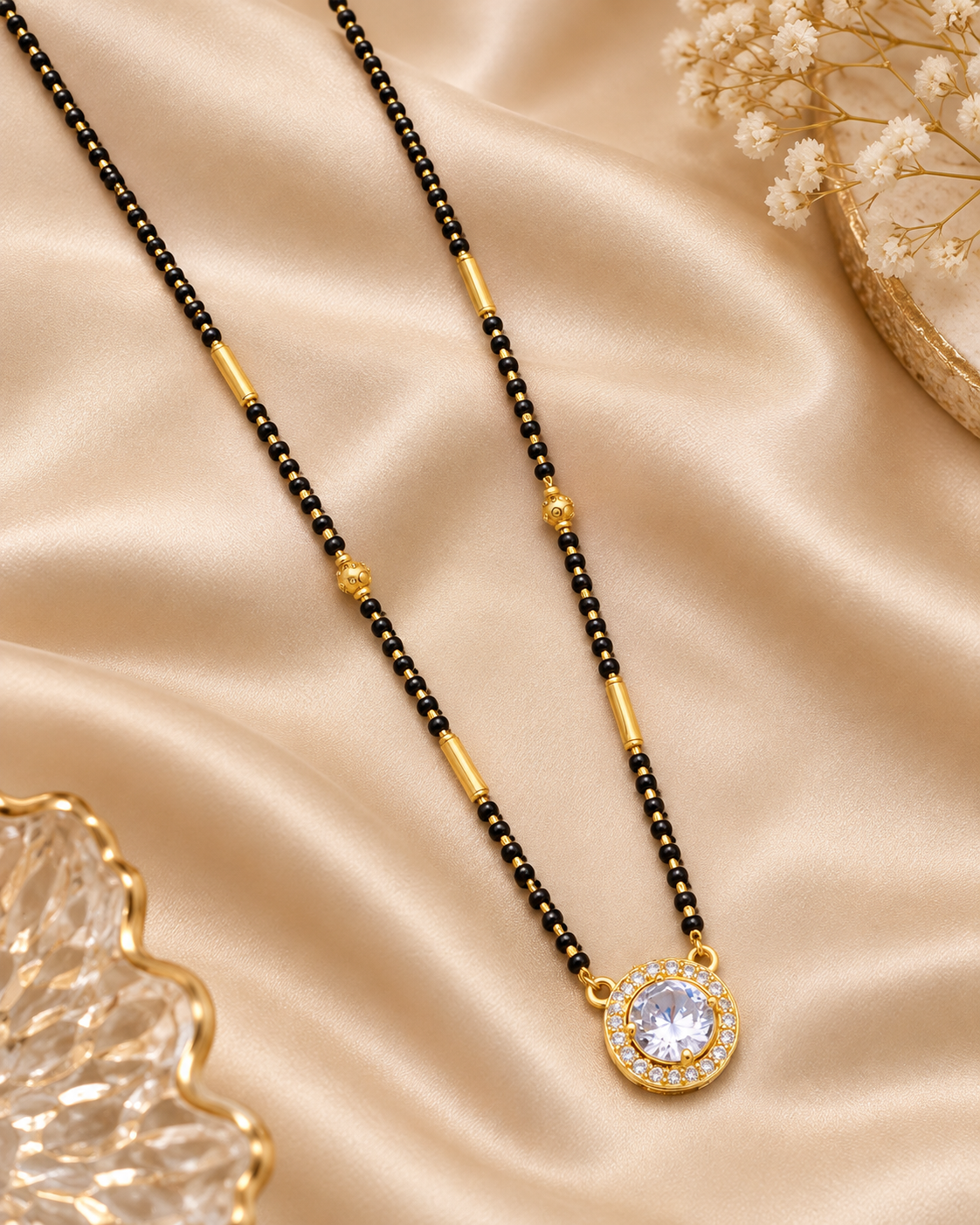 Jivaanik Elegant Crystal Pendant Black Beads Mangalsutra with Gold Pipe Design for Women