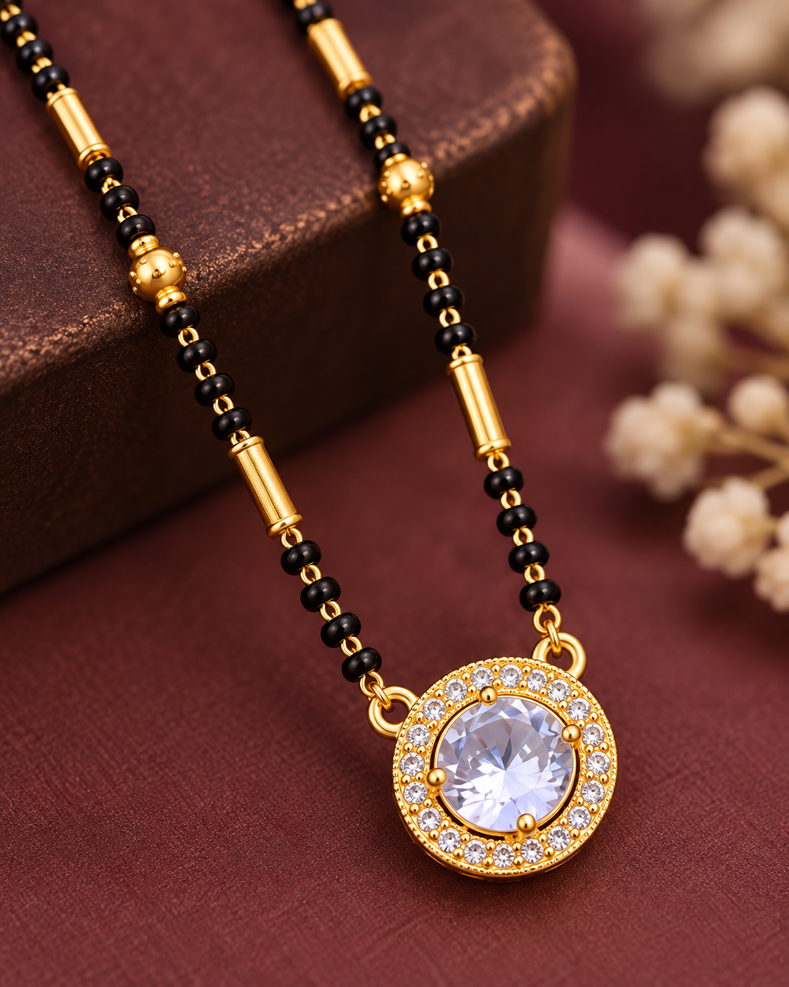 Jivaanik Elegant Crystal Pendant Black Beads Mangalsutra with Gold Pipe Design for Women