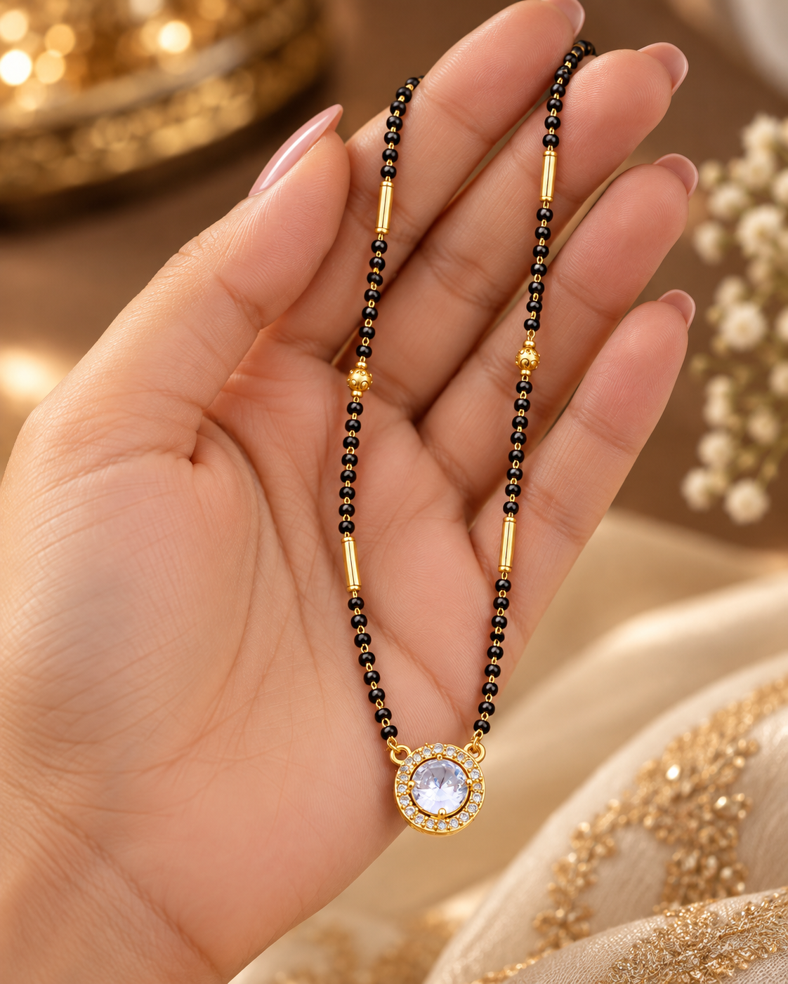 Jivaanik Elegant Crystal Pendant Black Beads Mangalsutra with Gold Pipe Design for Women