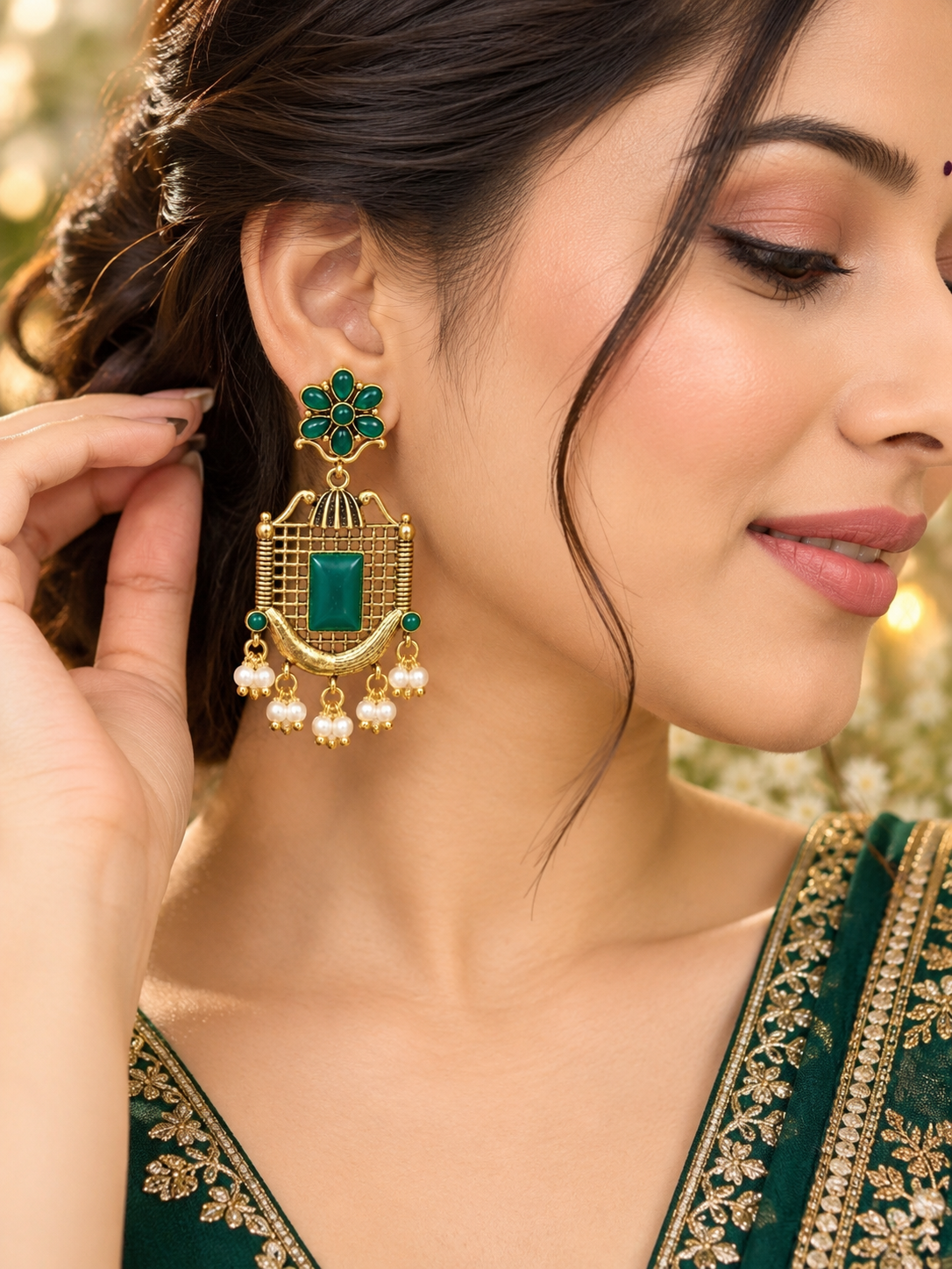 Jivaanik Emerald Heritage Pearl Earrings