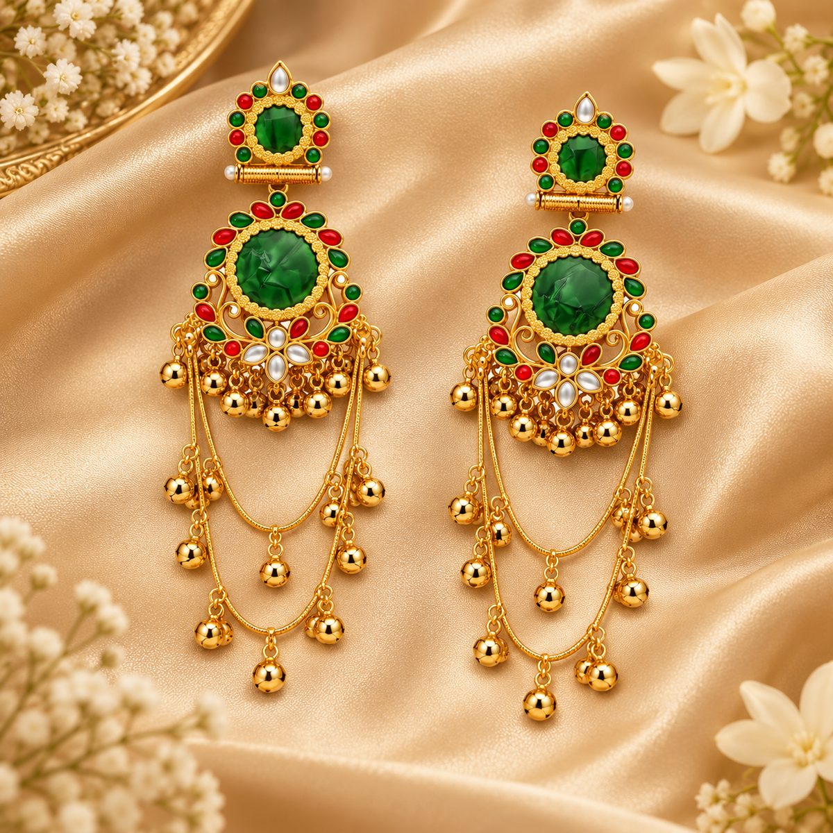 Jivaanik Emerald Rajwadi Long Earrings