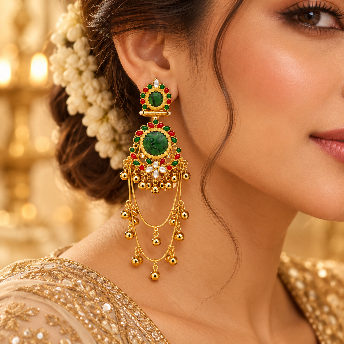 Jivaanik Emerald Rajwadi Long Earrings