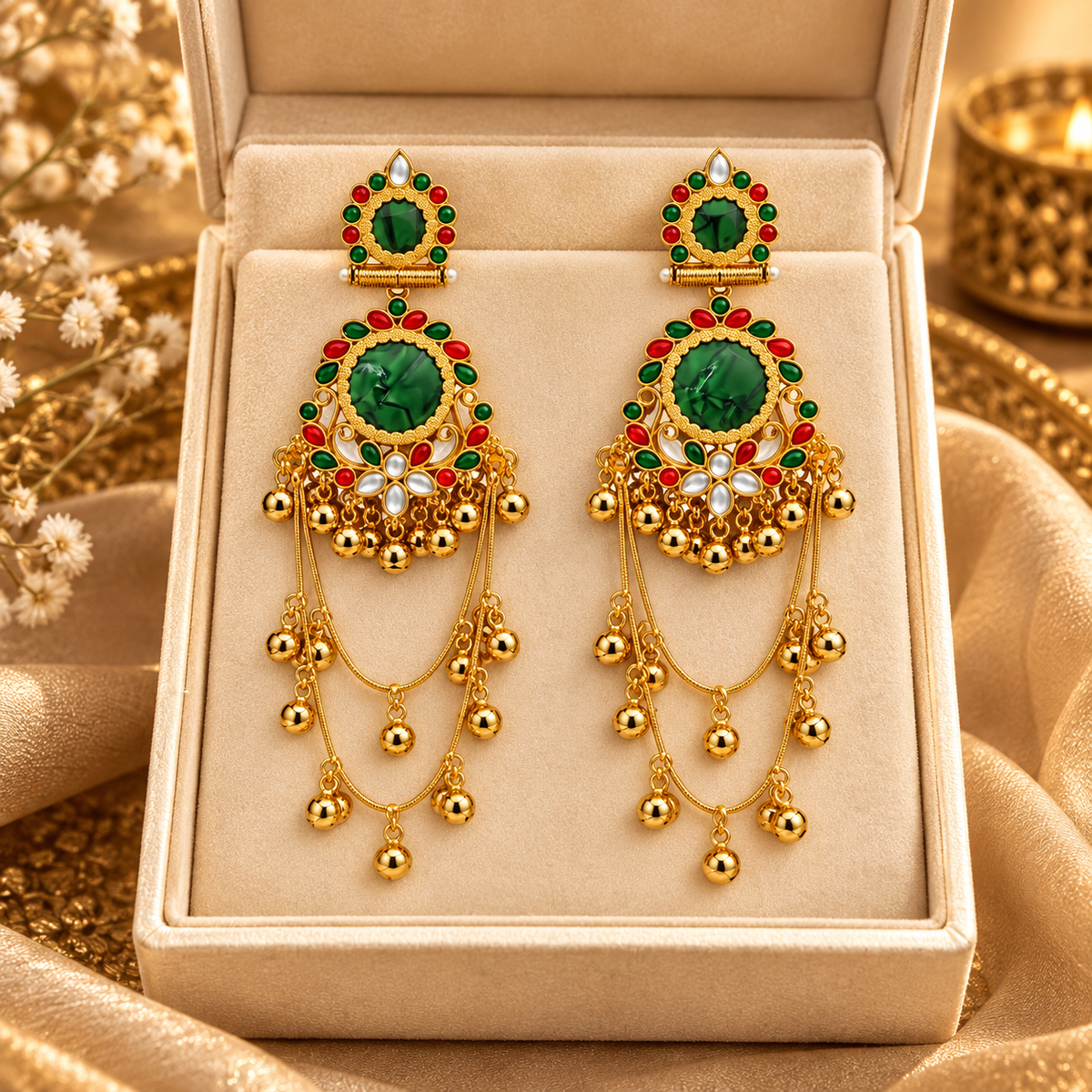 Jivaanik Emerald Rajwadi Long Earrings